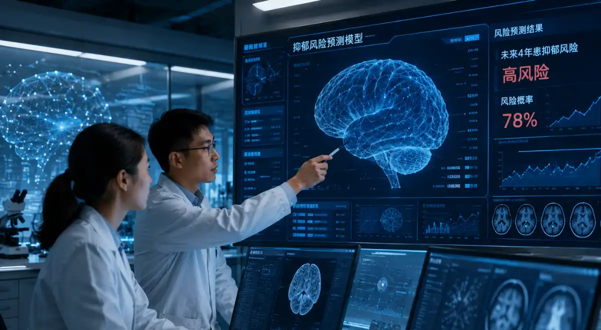 Científicos chinos desarrollan una inteligencia artificial que identifica señales asociadas al riesgo futuro de depresión. Fuente: Diseño IA