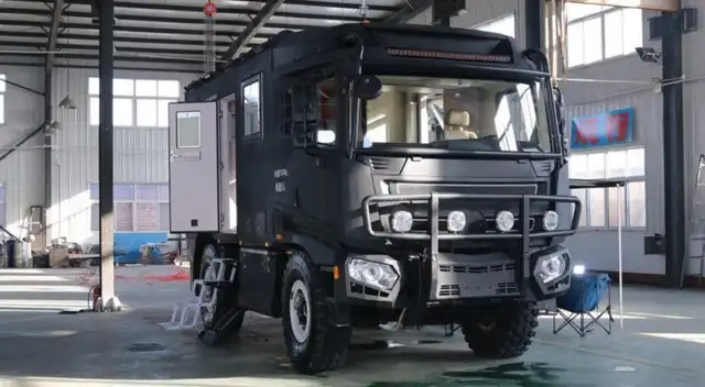 La camper china extrema 4x4 con dos camas dobles, ducha y un depósito de 600 litros parecido a un Mercedes Unimog